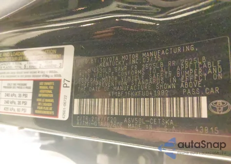 2015 Toyota Camry Se from USA, damaged, VIN 4T1BF1FKXFU041982